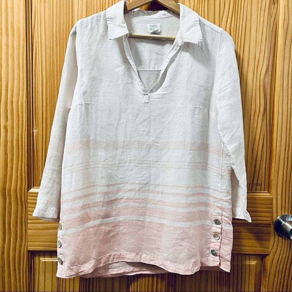 Sigrid Olsen pink white stripe 100% linen tunic button hip cover up shirt top S